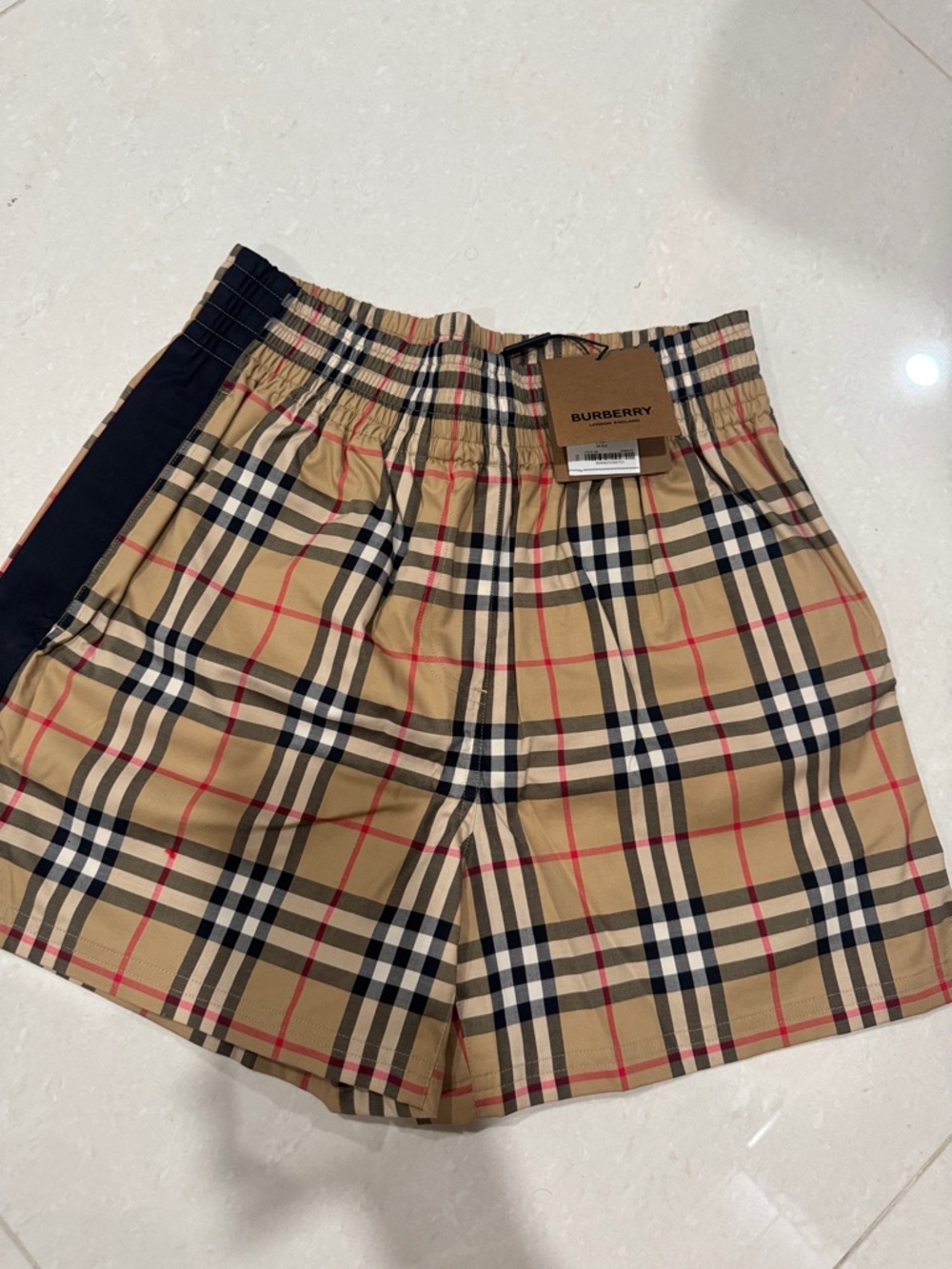 Burberry Nova Check Swim Shorts in Beige, Black & Red